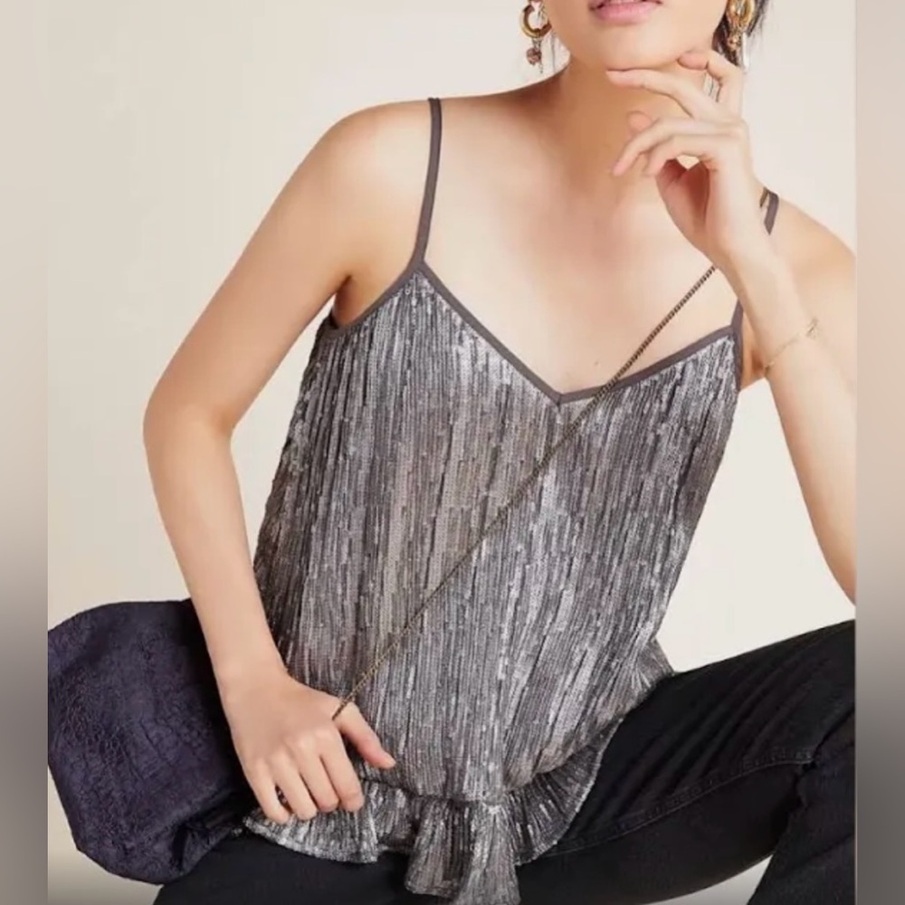 Anthropologie Silver Sequin Spaghetti Strap
Peplum Top